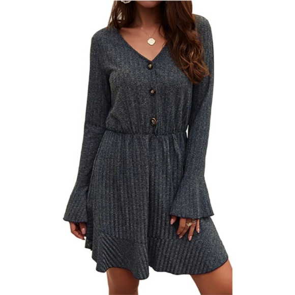 V Neck Casual Buttons Ruffle Long Sleeve Loose - Picture 4 of 8